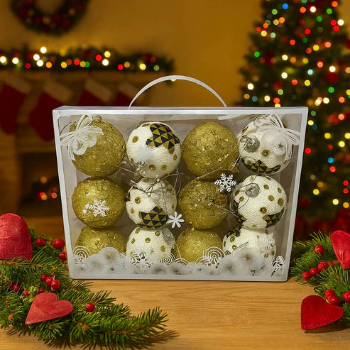 Set 12 Esferas Navideñas Blanco y Dorado